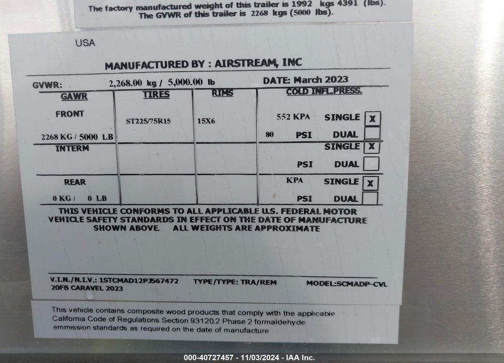 2023 AIRSTREAM CARAVEL VIN: 1STCMAD12PJ567472