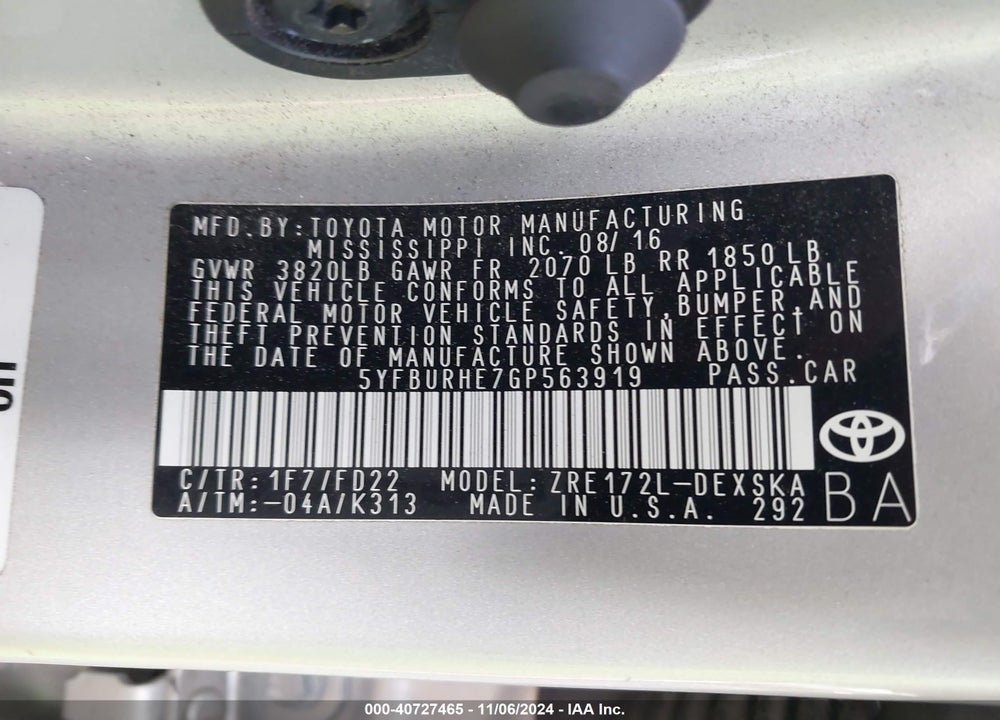 2016 TOYOTA COROLLA S PLUS VIN: 5YFBURHE7GP563919