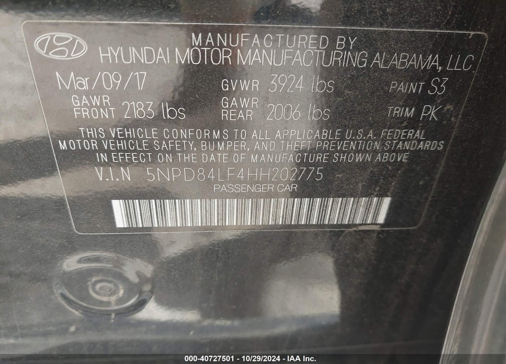 2017 HYUNDAI ELANTRA SE VIN: 5NPD84LF4HH202775