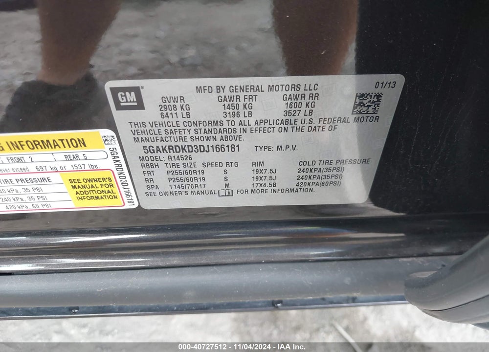 2013 BUICK ENCLAVE PREMIUM VIN: 5GAKRDKD3DJ166181