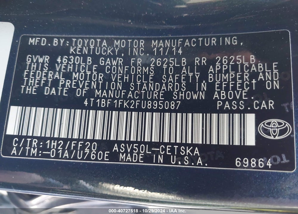 2015 TOYOTA CAMRY SE VIN: 4T1BF1FK2FU895087