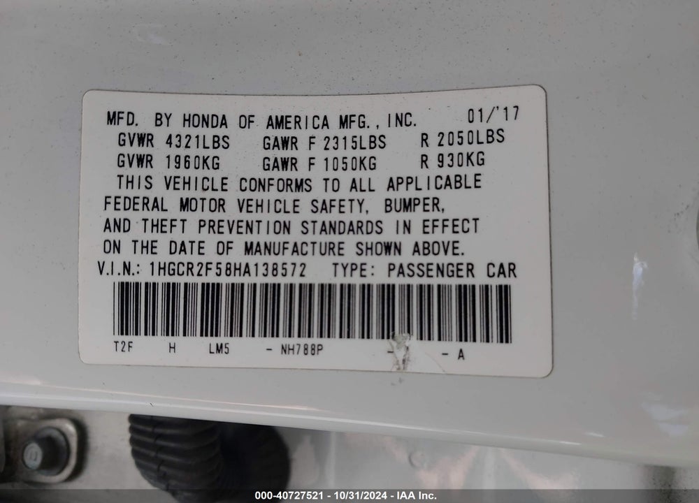 2017 HONDA ACCORD SPORT VIN: 1HGCR2F58HA138572