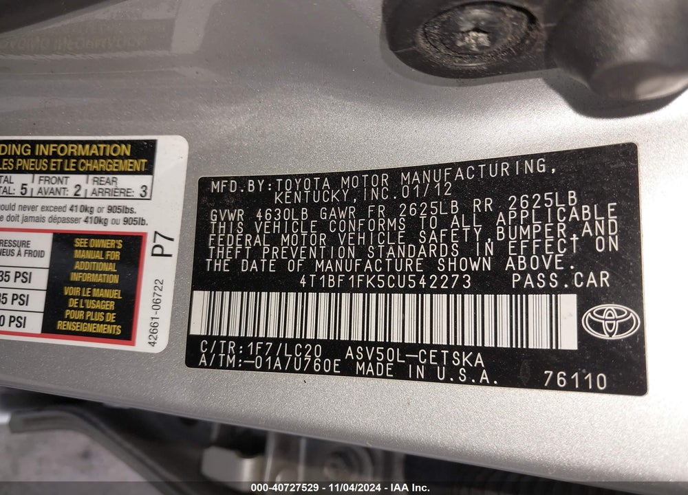 2012 TOYOTA CAMRY SE VIN: 4T1BF1FK5CU542273