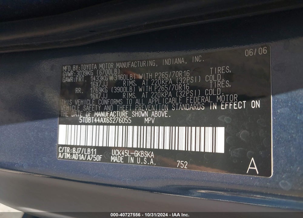 2006 TOYOTA SEQUOIA SR5 V8 VIN: 5TDBT44AX6S276055