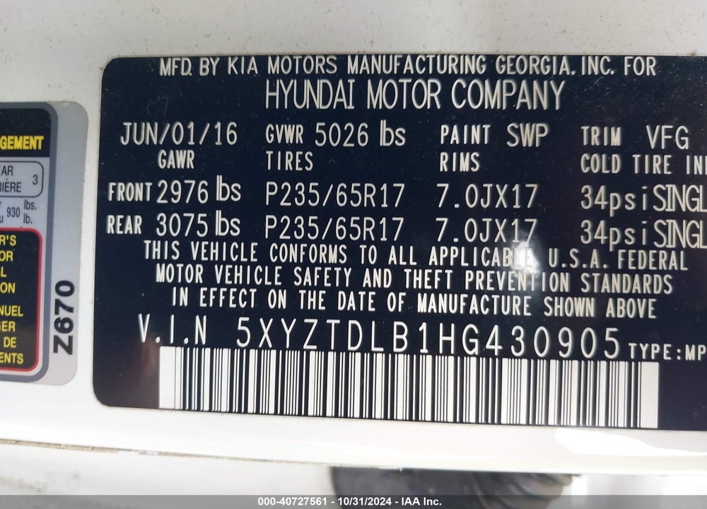 2017 HYUNDAI SANTA FE SPORT 2.4L VIN: 5XYZTDLB1HG430905