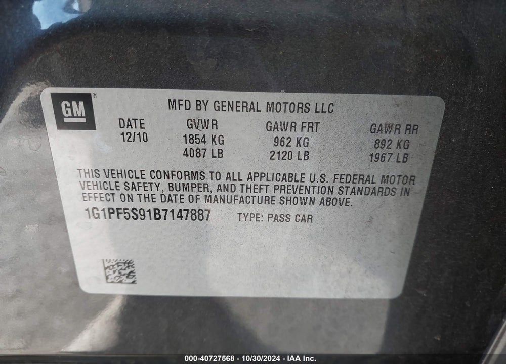 2011 CHEVROLET CRUZE 1LT VIN: 1G1PF5S91B7147887