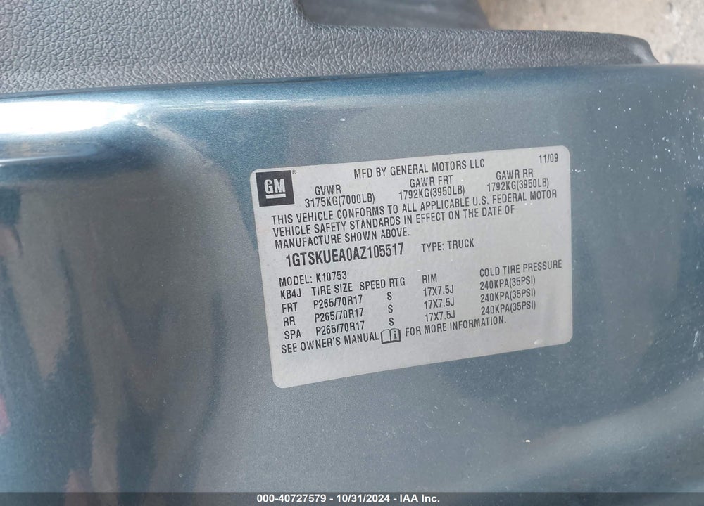 2010 GMC SIERRA 1500 SL VIN: 1GTSKUEA0AZ105517