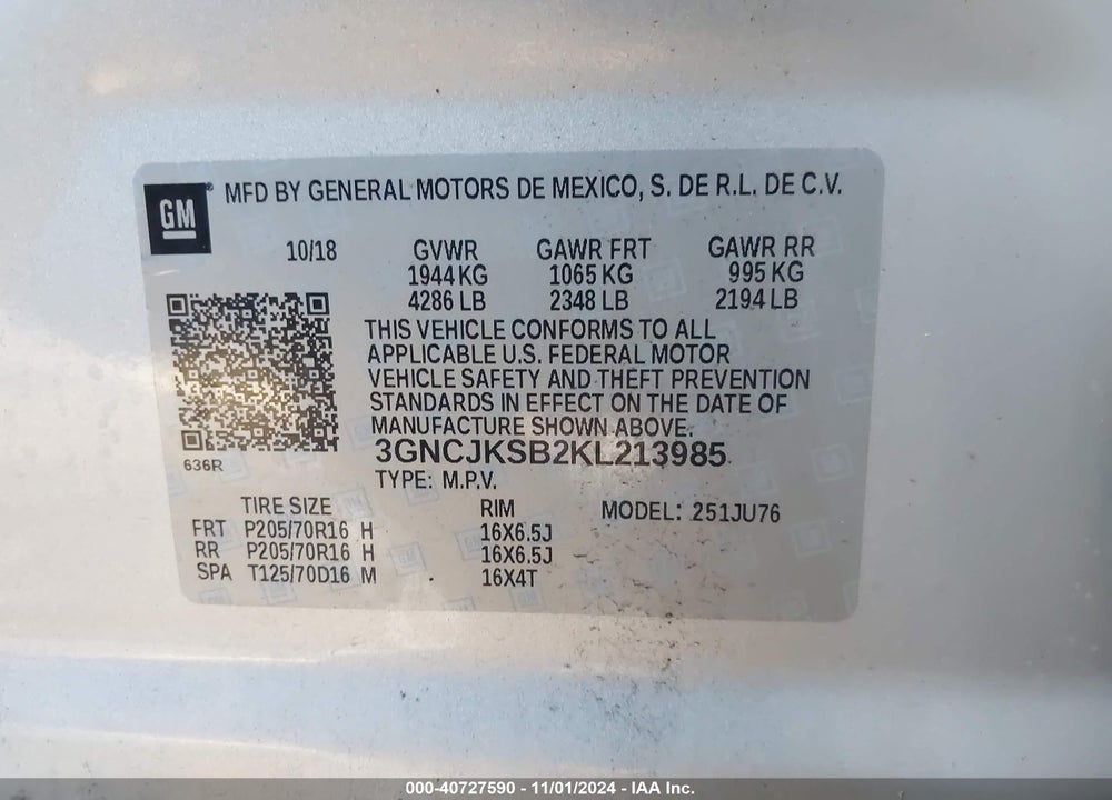 2019 CHEVROLET TRAX LS VIN: 3GNCJKSB2KL213985