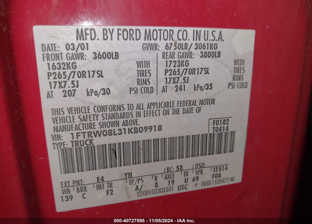 2001 FORD F-150 KING RANCH EDITION/LARIAT/XLT VIN: 1FTRW08L31KB09918