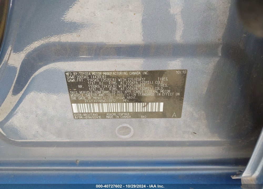 2011 TOYOTA RAV4 VIN: 2T3ZF4DV4BW059912
