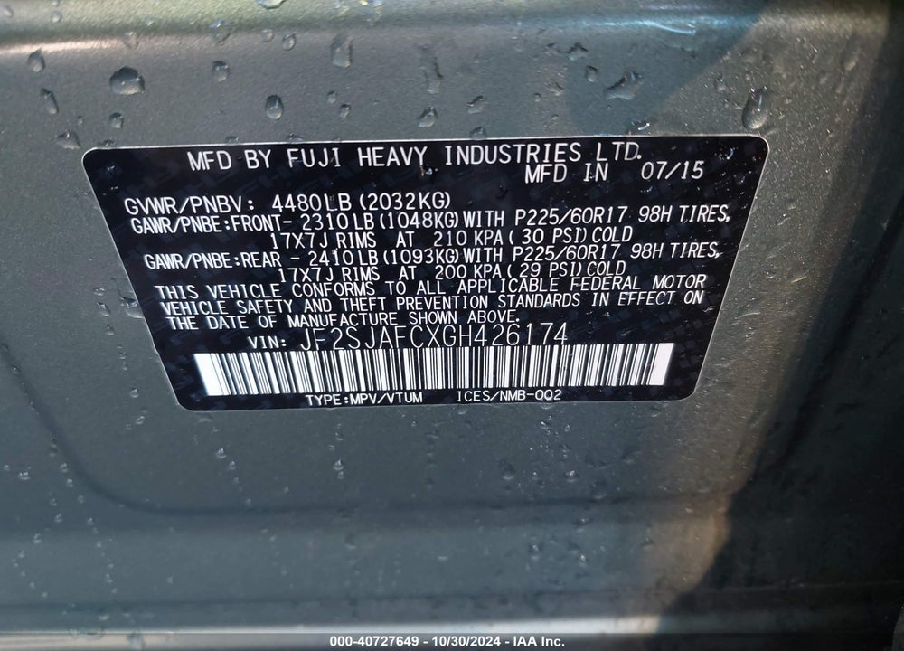 2016 SUBARU FORESTER 2.5I PREMIUM VIN: JF2SJAFCXGH426174