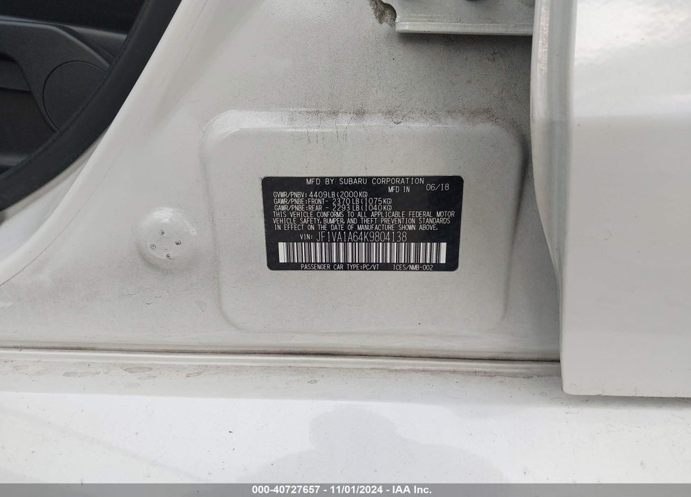 2019 SUBARU WRX VIN: JF1VA1A64K9804138