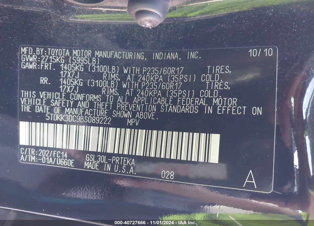 2011 TOYOTA SIENNA LE V6 VIN: 5TDKK3DC9BS089222