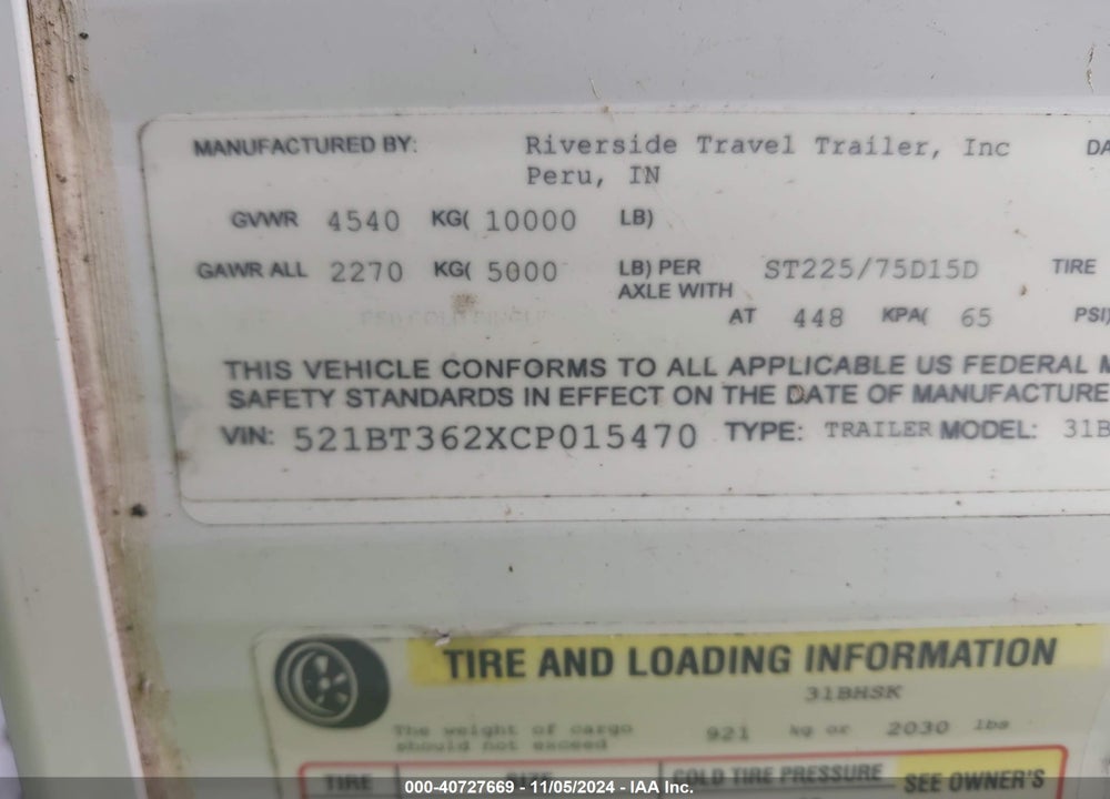 2012 RIVERSIDE 31BHS TRAVEL TRAILER 36 FT 2 SLIDEOUTS VIN: 521BT362XCP015470
