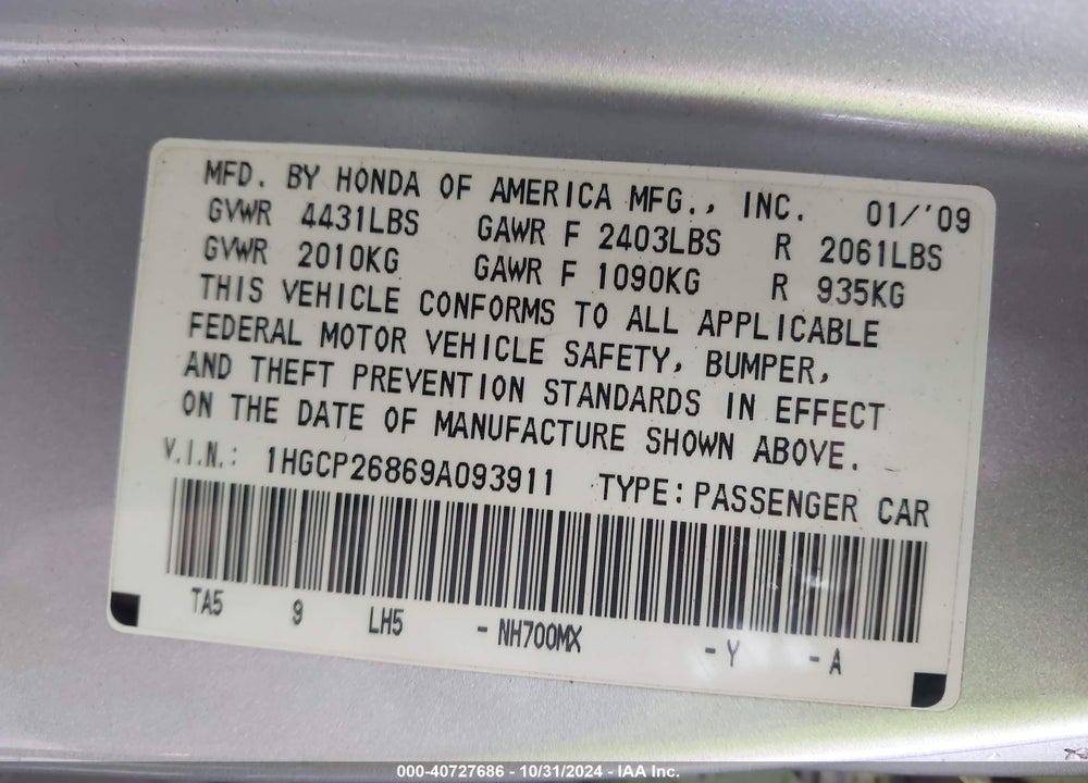 2009 HONDA ACCORD 2.4 EX-L VIN: 1HGCP26869A093911