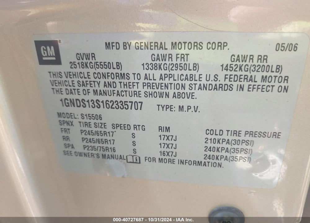 2006 CHEVROLET TRAILBLAZER LS VIN: 1GNDS13S162335707