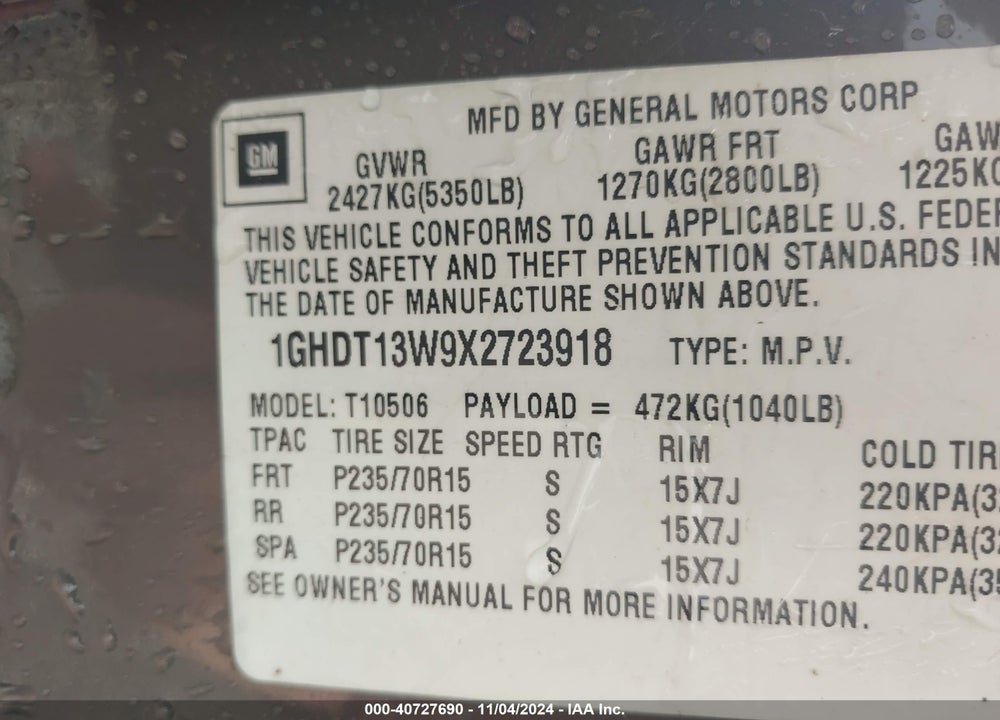 1999 OLDSMOBILE BRAVADA VIN: 1GHDT13W9X2723918
