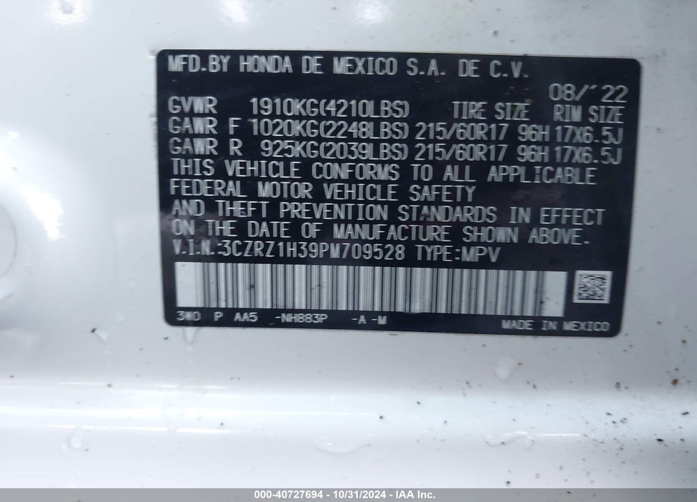 2023 HONDA HR-V 2WD LX VIN: 3CZRZ1H39PM709528