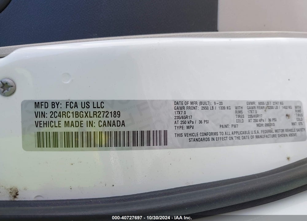 2020 CHRYSLER PACIFICA TOURING L VIN: 2C4RC1BGXLR272189