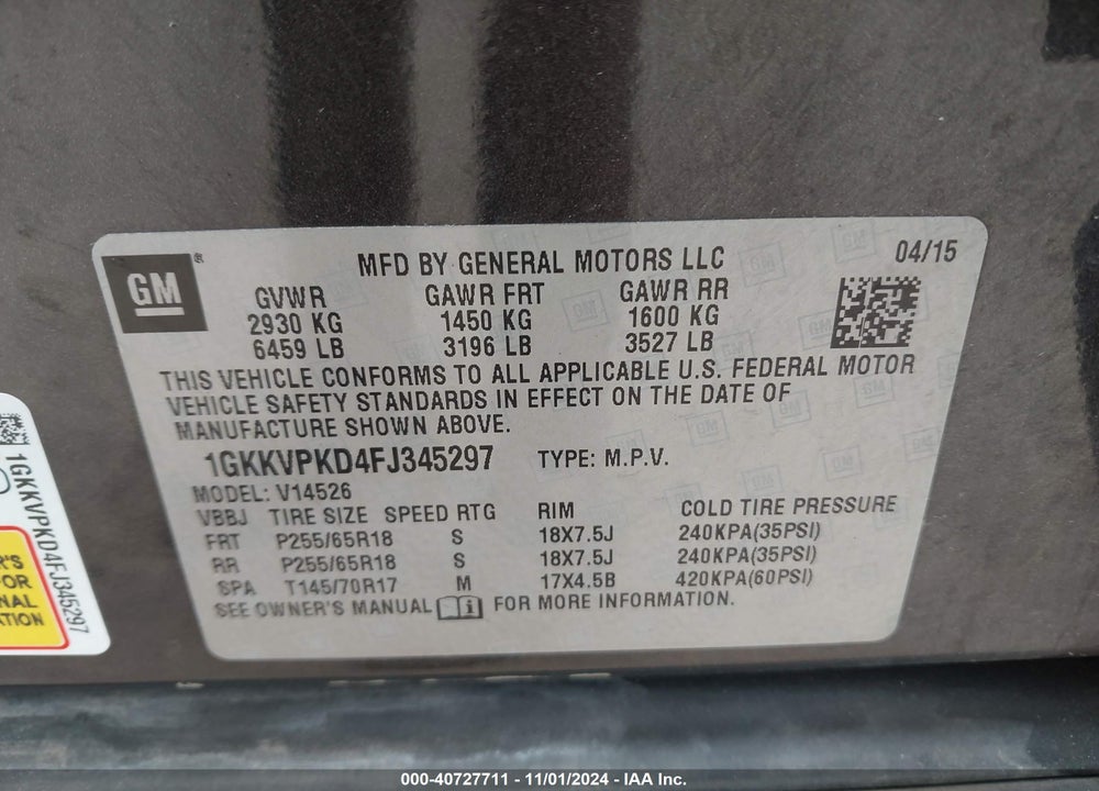 2015 GMC ACADIA SLE-2 VIN: 1GKKVPKD4FJ345297