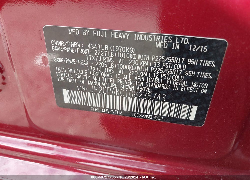 2016 SUBARU CROSSTREK 2.0I LIMITED VIN: JF2GPAKC1G8236743