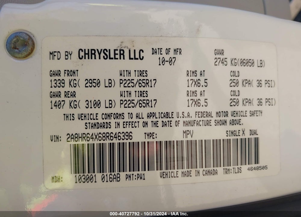 2008 CHRYSLER TOWN & COUNTRY LIMITED VIN: 2A8HR64X68R646396