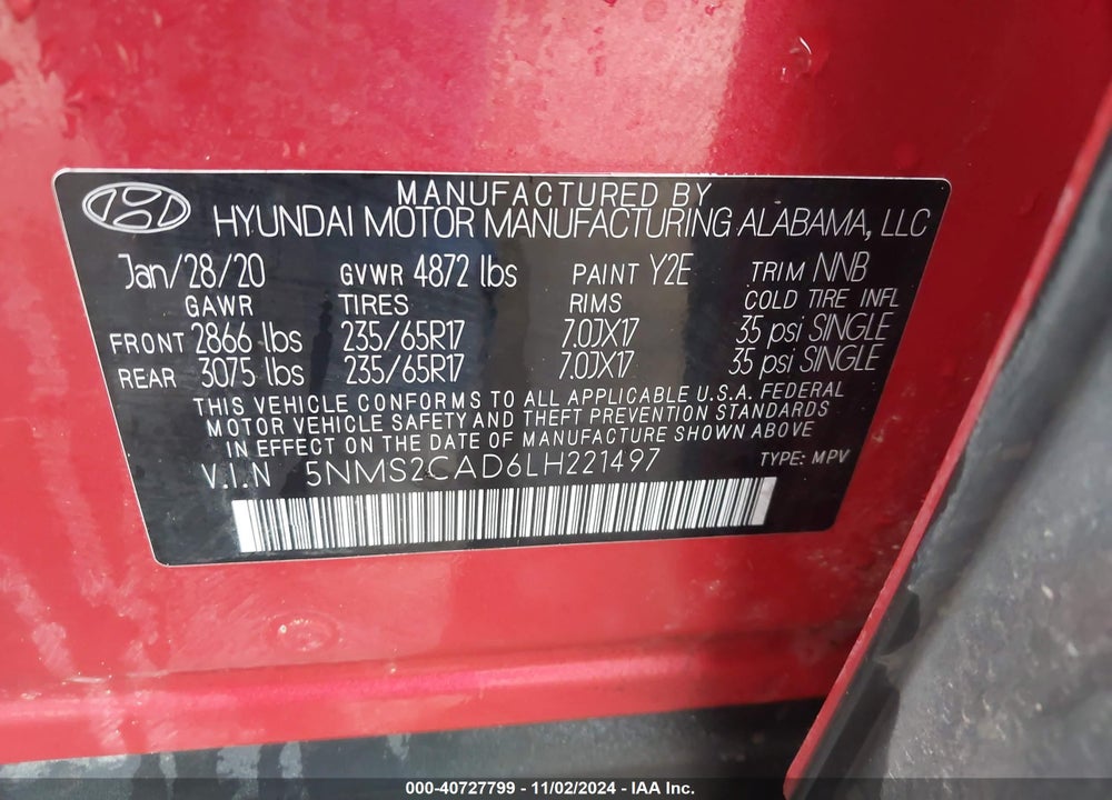 2020 HYUNDAI SANTA FE SE VIN: 5NMS2CAD6LH221497