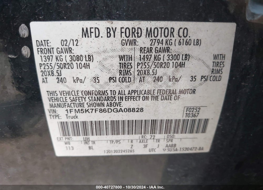2013 FORD EXPLORER LIMITED VIN: 1FM5K7F86DGA08828