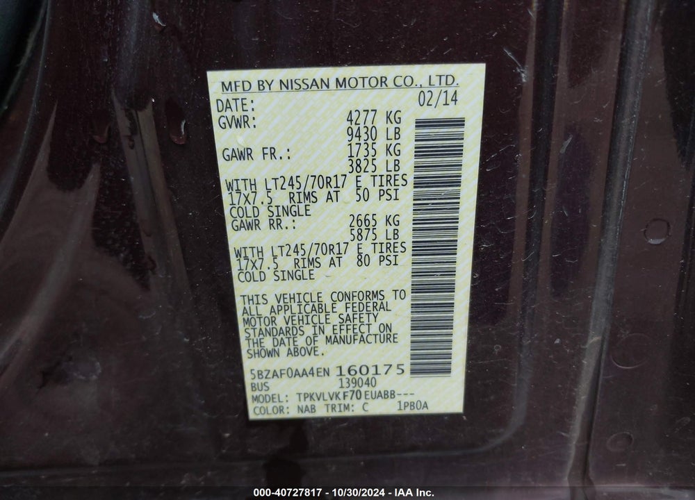 2014 NISSAN NV PASSENGER NV3500 HD VIN: 5BZAF0AA4EN160175