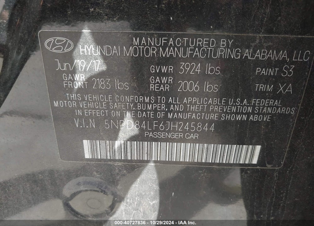 2018 HYUNDAI ELANTRA VIN: 5NPD84LF6JH245844