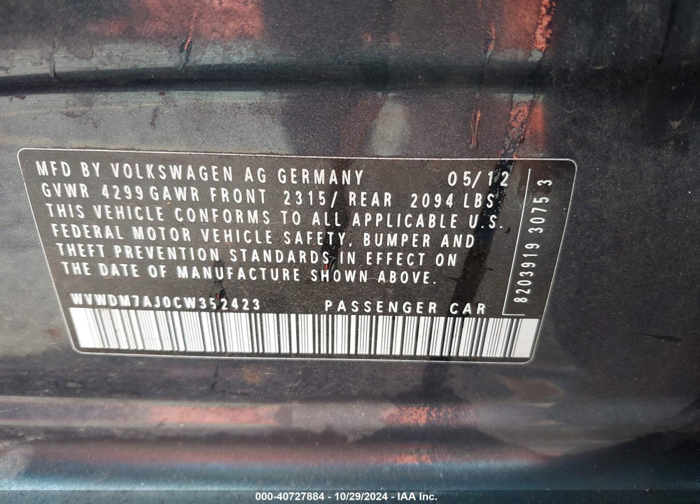 2012 VOLKSWAGEN GOLF TDI 4-DOOR VIN: WVWDM7AJ0CW352423