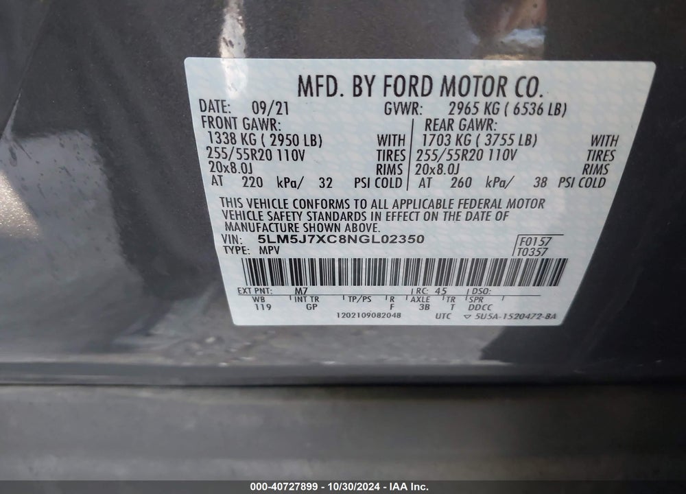 2022 LINCOLN AVIATOR RESERVE VIN: 5LM5J7XC8NGL02350