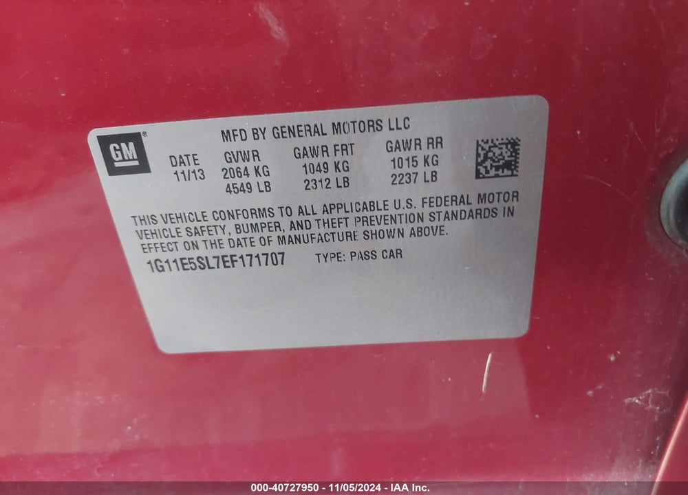 2014 CHEVROLET MALIBU 2LT VIN: 1G11E5SL7EF171707