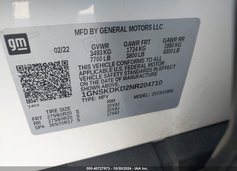 2022 CHEVROLET SUBURBAN 4WD Z71 VIN: 1GNSKDKD2NR204710