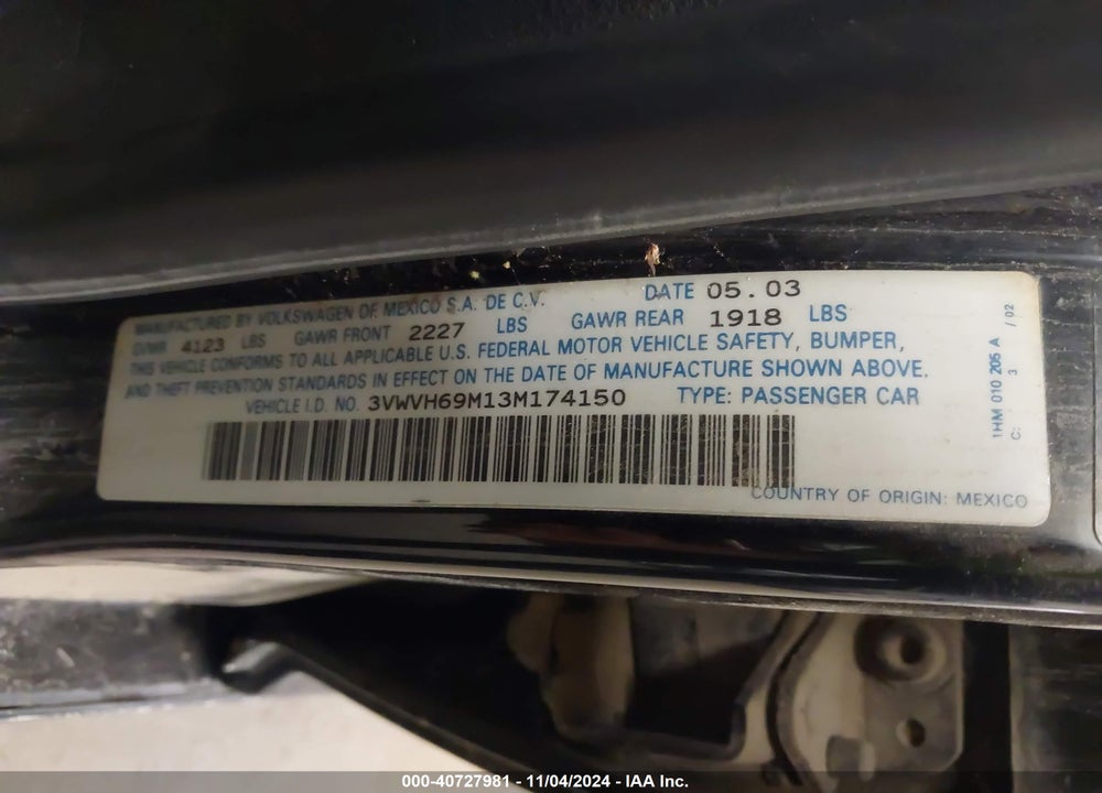 2003 VOLKSWAGEN JETTA GLI VIN: 3VWVH69M13M174150