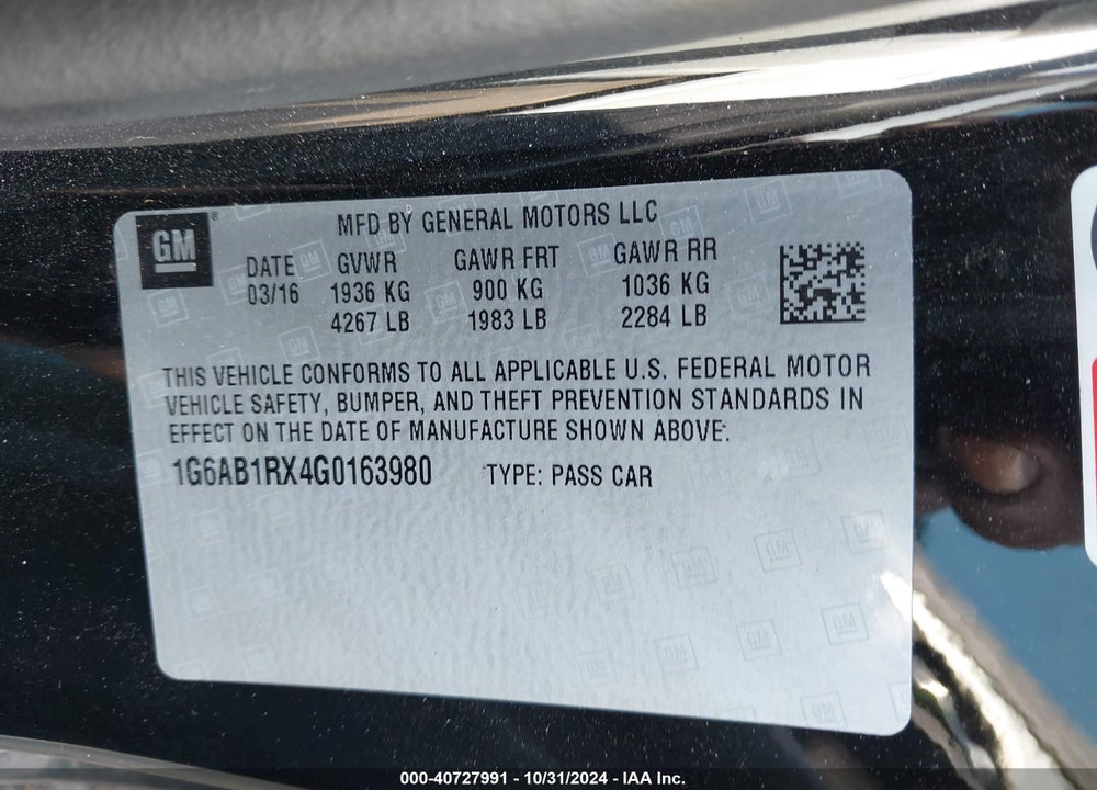 2016 CADILLAC ATS LUXURY COLLECTION VIN: 1G6AB1RX4G0163980