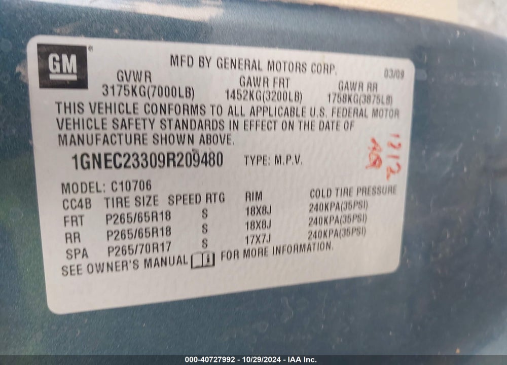 2009 CHEVROLET TAHOE LT1 VIN: 1GNEC23309R209480