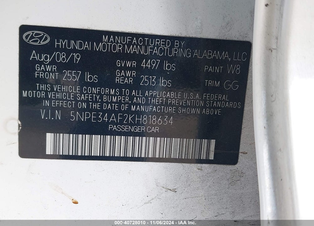 2019 HYUNDAI SONATA LIMITED VIN: 5NPE34AF2KH818634