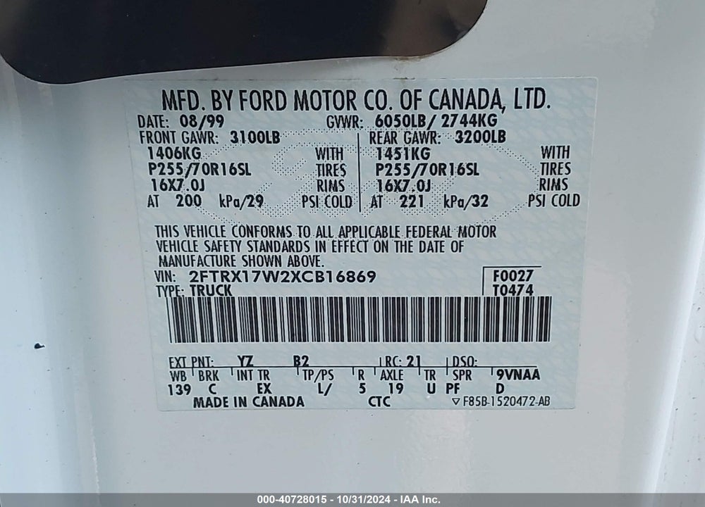 1999 FORD F-150 LARIAT/WORK SERIES/XL/XLT VIN: 2FTRX17W2XCB16869