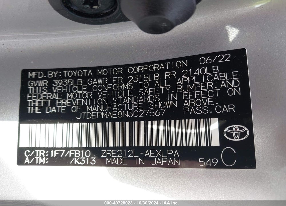 2022 TOYOTA COROLLA LE VIN: JTDEPMAE8N3027567