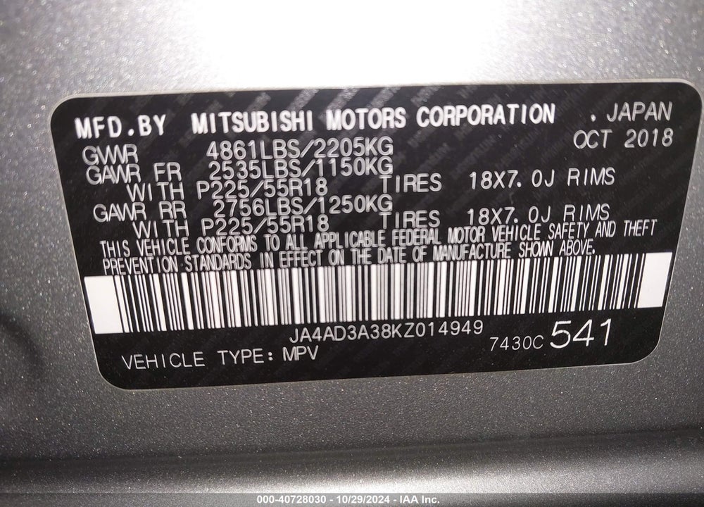 2019 MITSUBISHI OUTLANDER VIN: JA4AD3A38KZ014949
