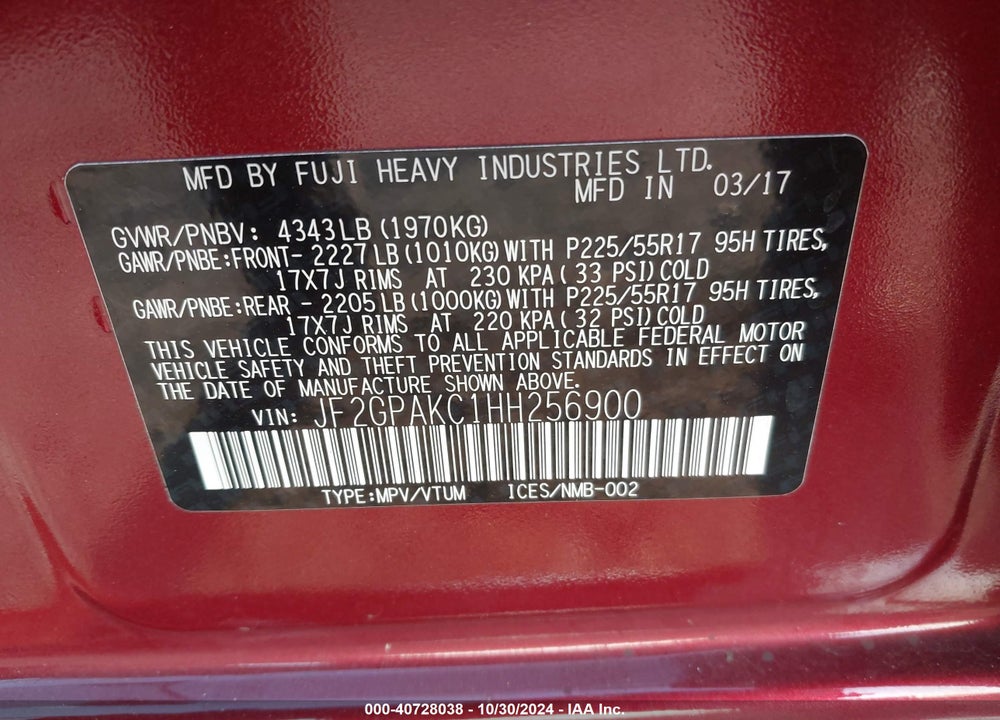 2017 SUBARU CROSSTREK 2.0I LIMITED VIN: JF2GPAKC1HH256900