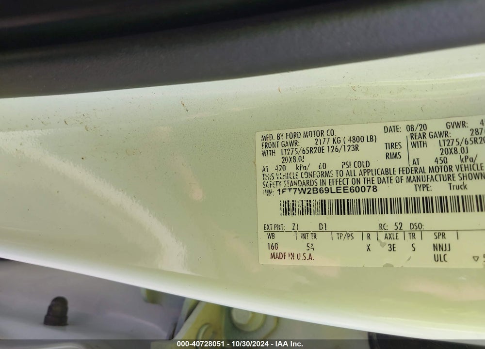 2020 FORD F-250 LARIAT VIN: 1FT7W2B69LEE60078
