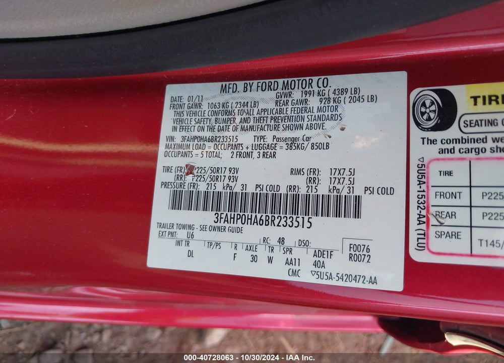 2011 FORD FUSION SE VIN: 3FAHP0HA6BR233515