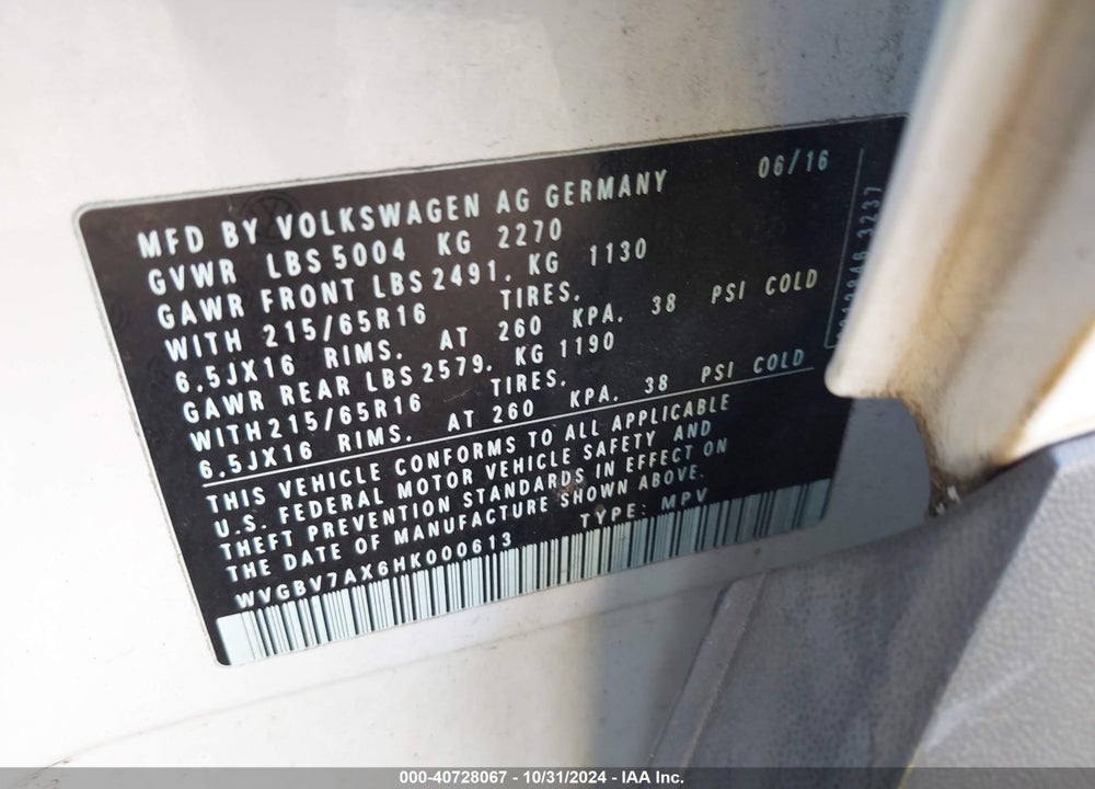 2017 VOLKSWAGEN TIGUAN 2.0T S VIN: WVGBV7AX6HK000613
