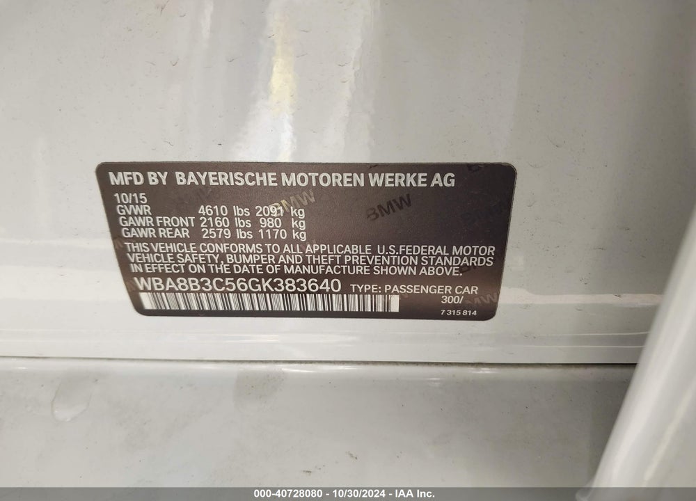 2016 BMW 340I VIN: WBA8B3C56GK383640
