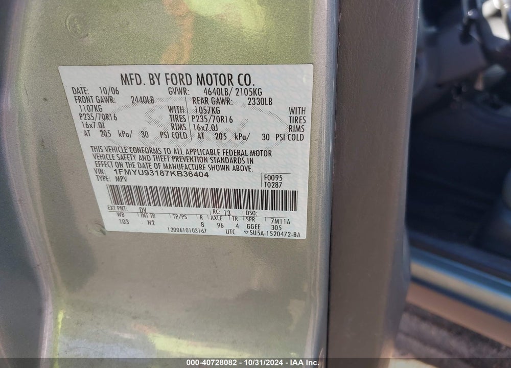 2007 FORD ESCAPE XLT/XLT SPORT VIN: 1FMYU93187KB36404