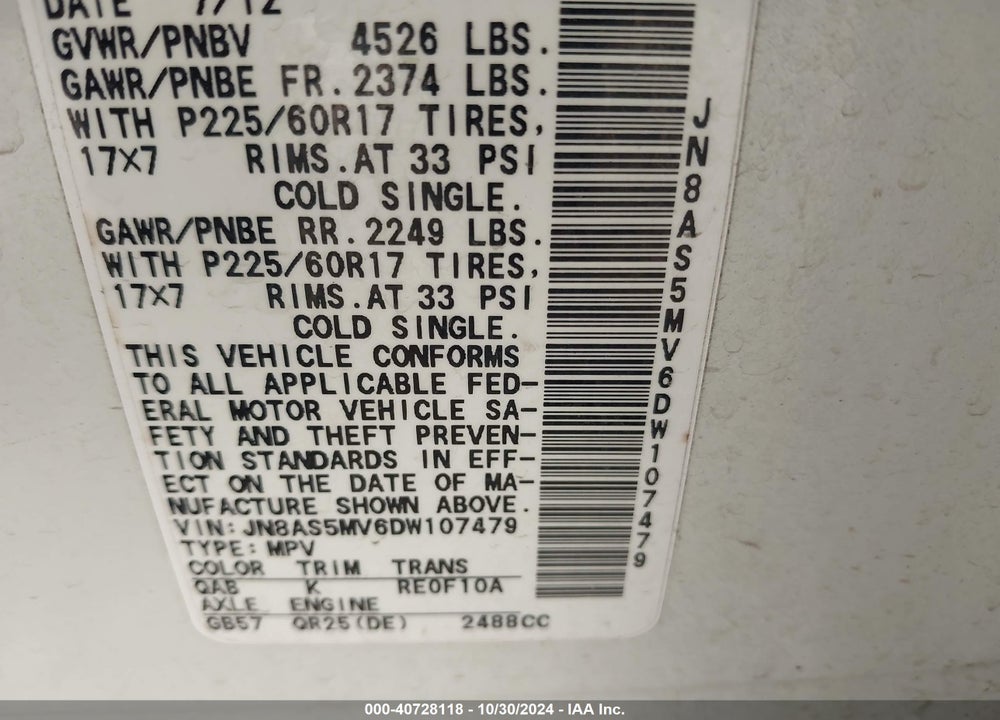 2013 NISSAN ROGUE SV VIN: JN8AS5MV6DW107479