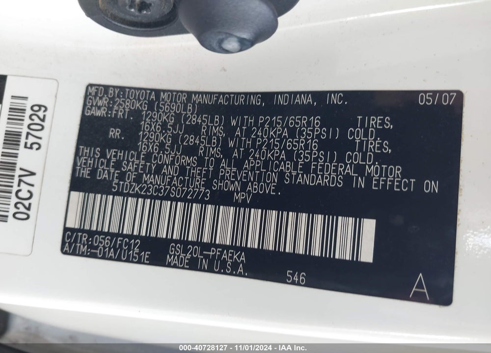 2007 TOYOTA SIENNA LE VIN: 5TDZK23C37S072773