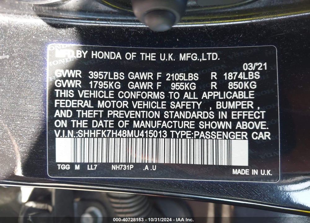 2021 HONDA CIVIC SPORT VIN: SHHFK7H48MU415013